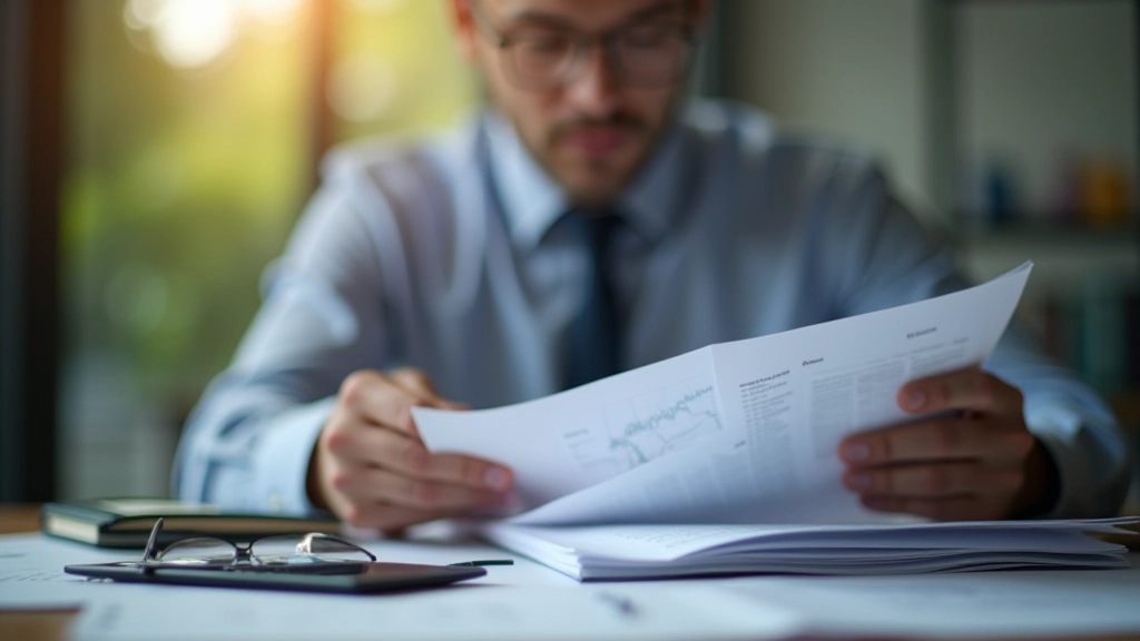 Financial analyst reviewing historical company data and financial statements on printed reports with notes