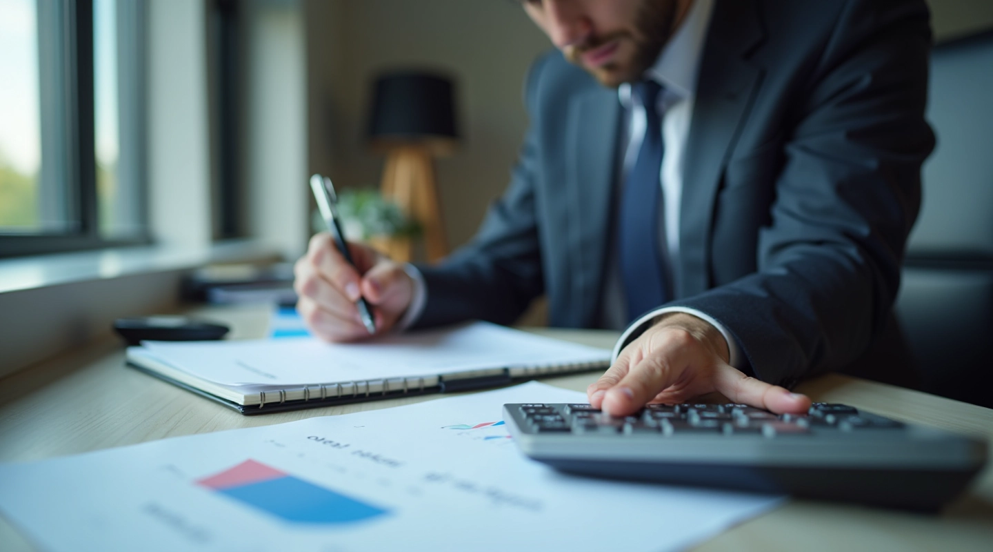 Financial analyst reviewing company financial statements and balance sheet documents on workspace